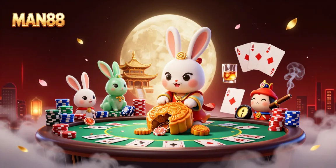 Engage in thrilling gameplay at MAN88, where a cartoon moon rabbit reveals poker chips inside mooncakes.