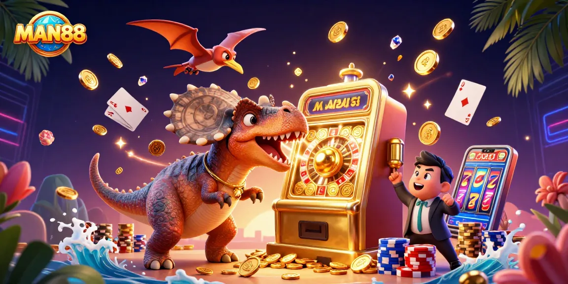 MAN88 launches thrilling jackpot wins as characters collide in a vibrant 3D casino scene.