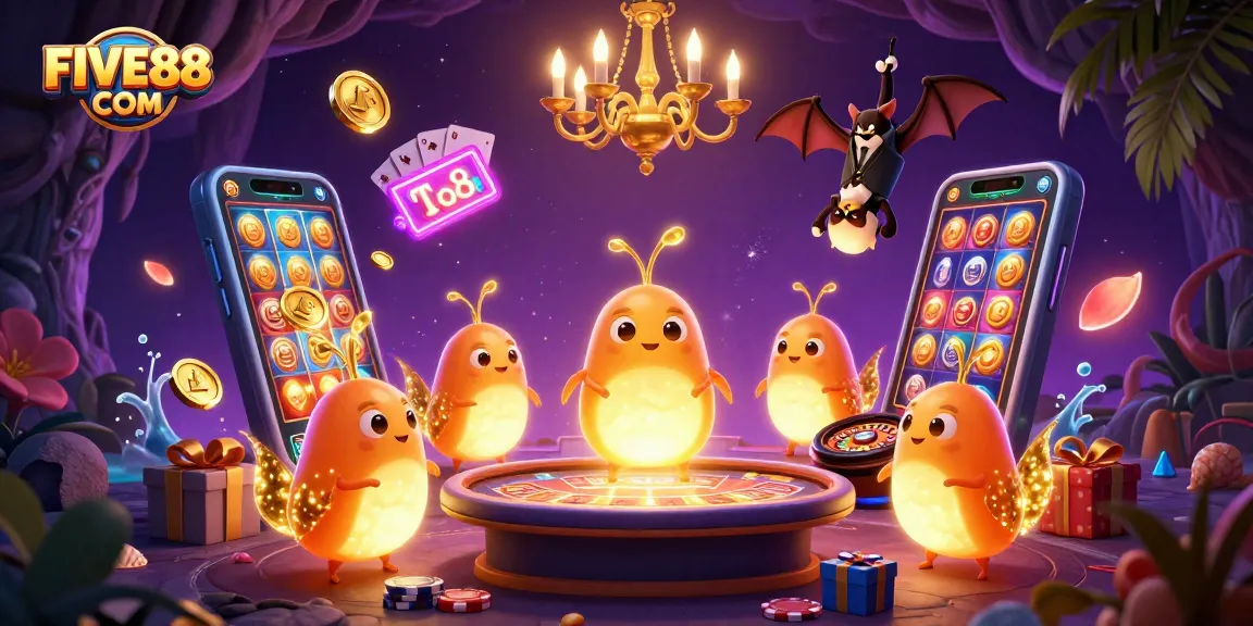 Experience the excitement of gaming with FIVE88 COM as glowworms light up a magical casino scene.